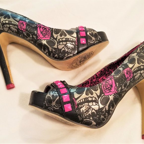 Iron Fist Pink Grey Black Fetish Heels Peep Toe 7 - Picture 12 of 15